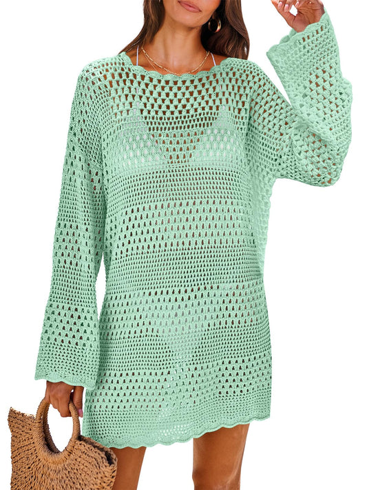 ANRABESS Women Swimsuit Crochet Swim Cover Up 2026 Summer Bathing Suit Swimwear Mesh Knit Beach Dress Vacation Outfits Light Green XX-Large