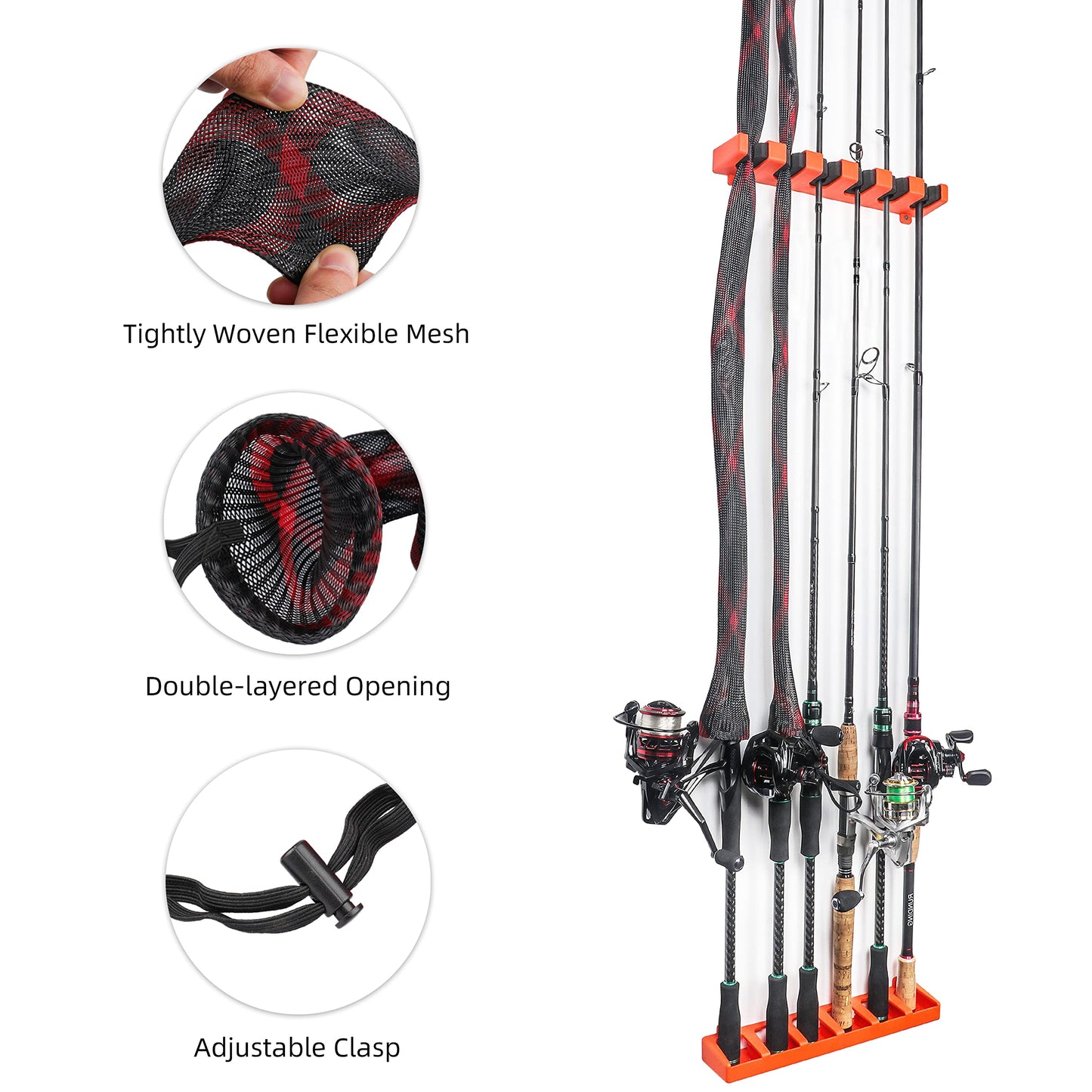 RUNCL Fishing Rod Holder, Fishing Gift for Men, Wall Mounted Vertical Fishing Rod Rack, Fishing Pole Holders Hold Up to 6 5-11mm Rods, Fishing Rod Storage Combo Set