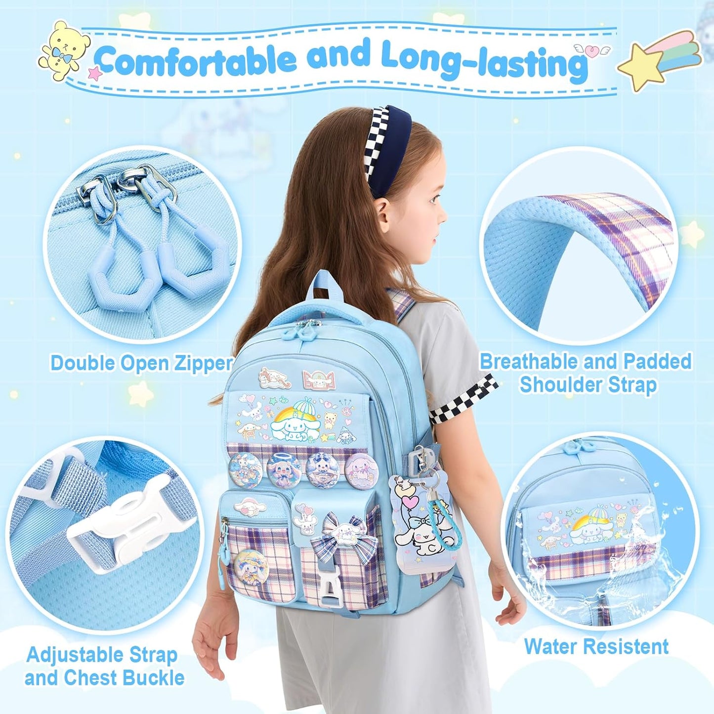 16.5/19IN School Backpack for Girls with 24Pcs Accessories, Anti-Theft Kids Backpack for Students Aged Between 4-8 Years Old/9 Years Old and Above, New Semester Presents with Pins and Card Holder