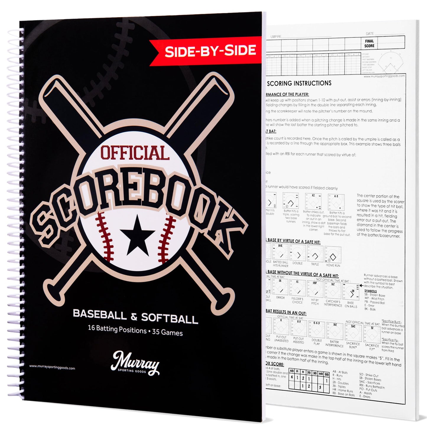 Murray Sporting Goods Baseball/Softball Scorebook - Side-By-Side Spiral Bound - 35 Games