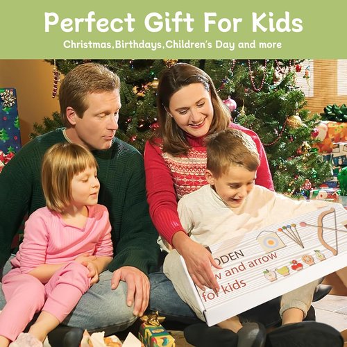 Tislly Wooden Kids Bow and Arrow Set - Safe for Ages 3+, Indoor & Outdoor Archery Gift Toys for Children, Boys & Girls, Includes 5 Arrows, 5 Fruit Targets, 1 Cotton Quiver