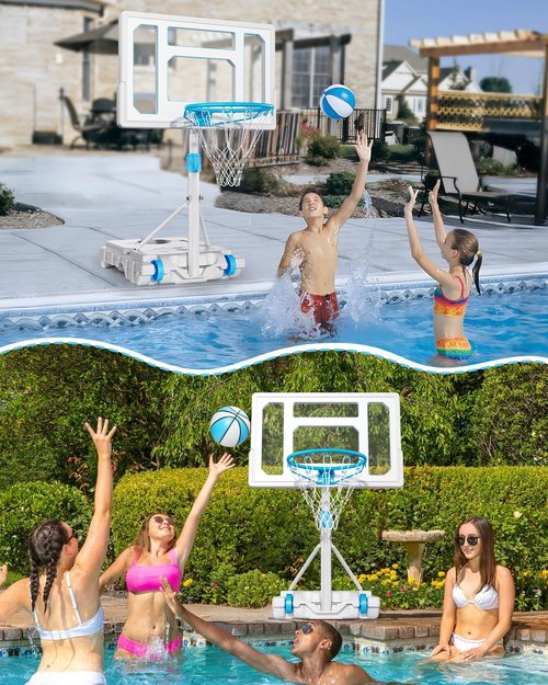 Swimming Pool Basketball Hoop Poolside, Stainless Steel Adjustable Pool Basketball Goals System with 32 Inch Shatterproof Backboard, 2 Balls & Pump Included