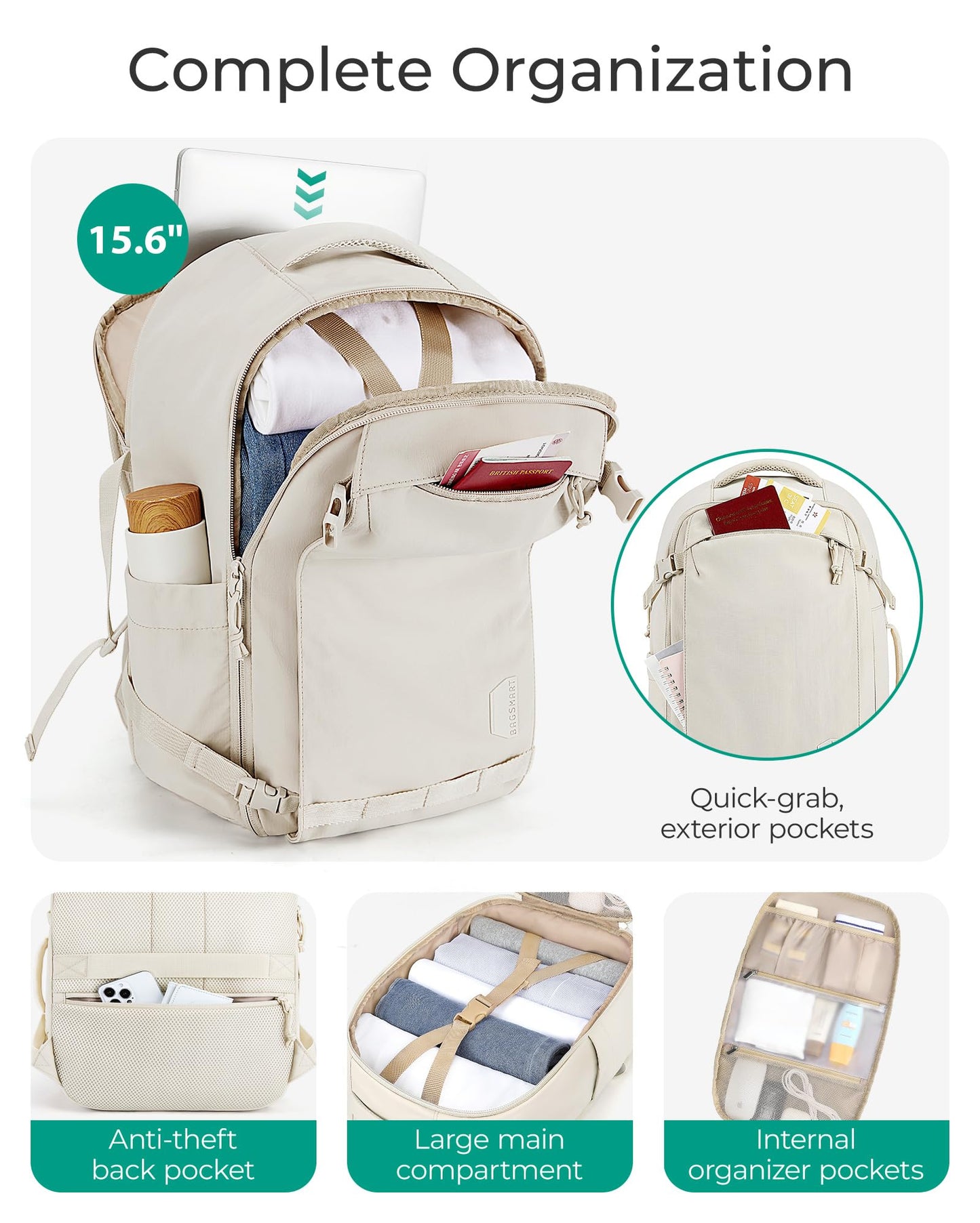 BAGSMART Travel Backpack for Women, 15.6 Inch Carry On Bag, Brown