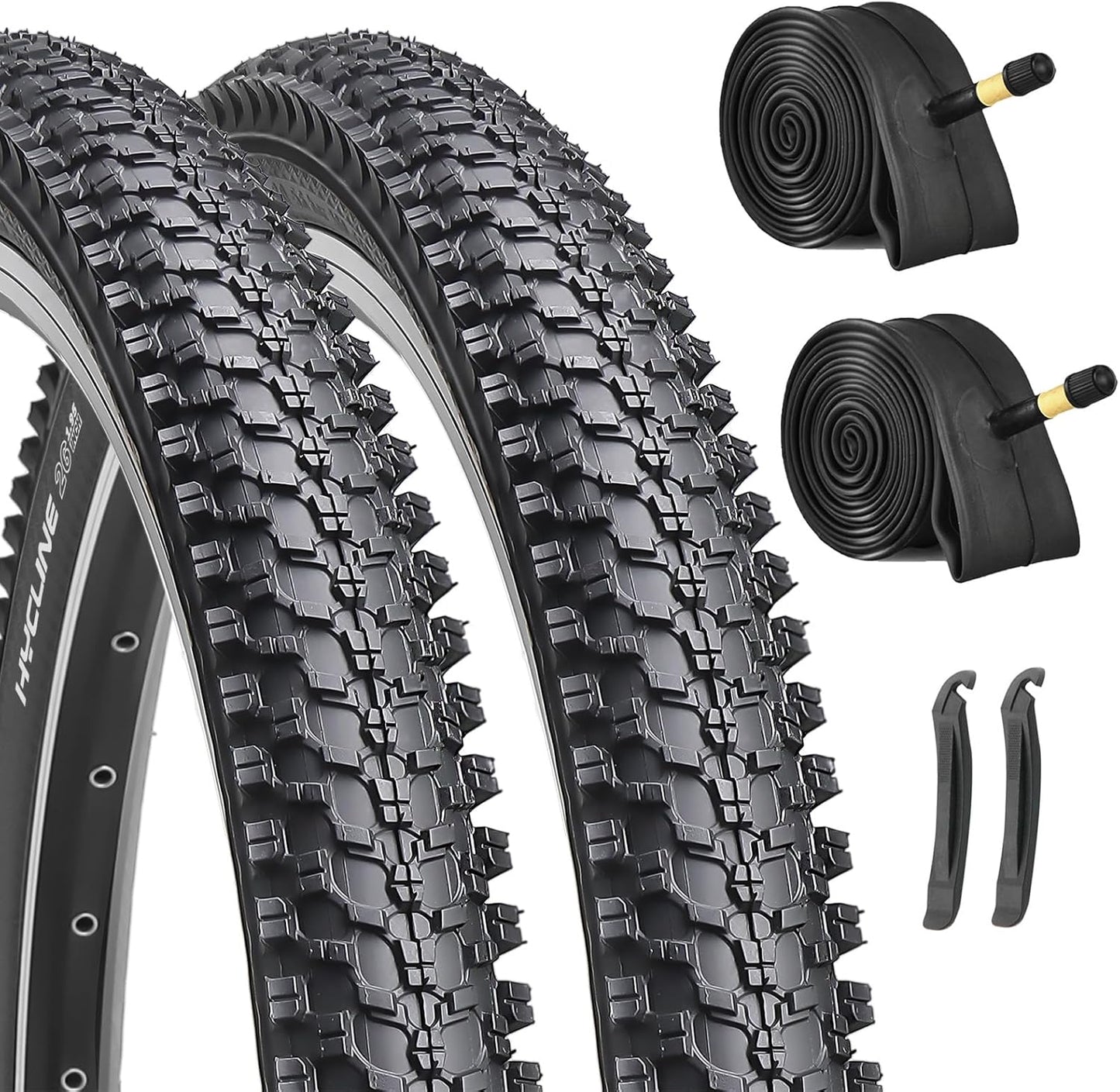 Hycline 2-Pack Mountain Bike Tires Set: 20/24/26/27.5-inch Folding Replacement Puncture-Resistant Bicycle Tires and Pair 20/24/26/27.5-inch Inner Tubes with Tire Levers for MTB Off-Road Bike