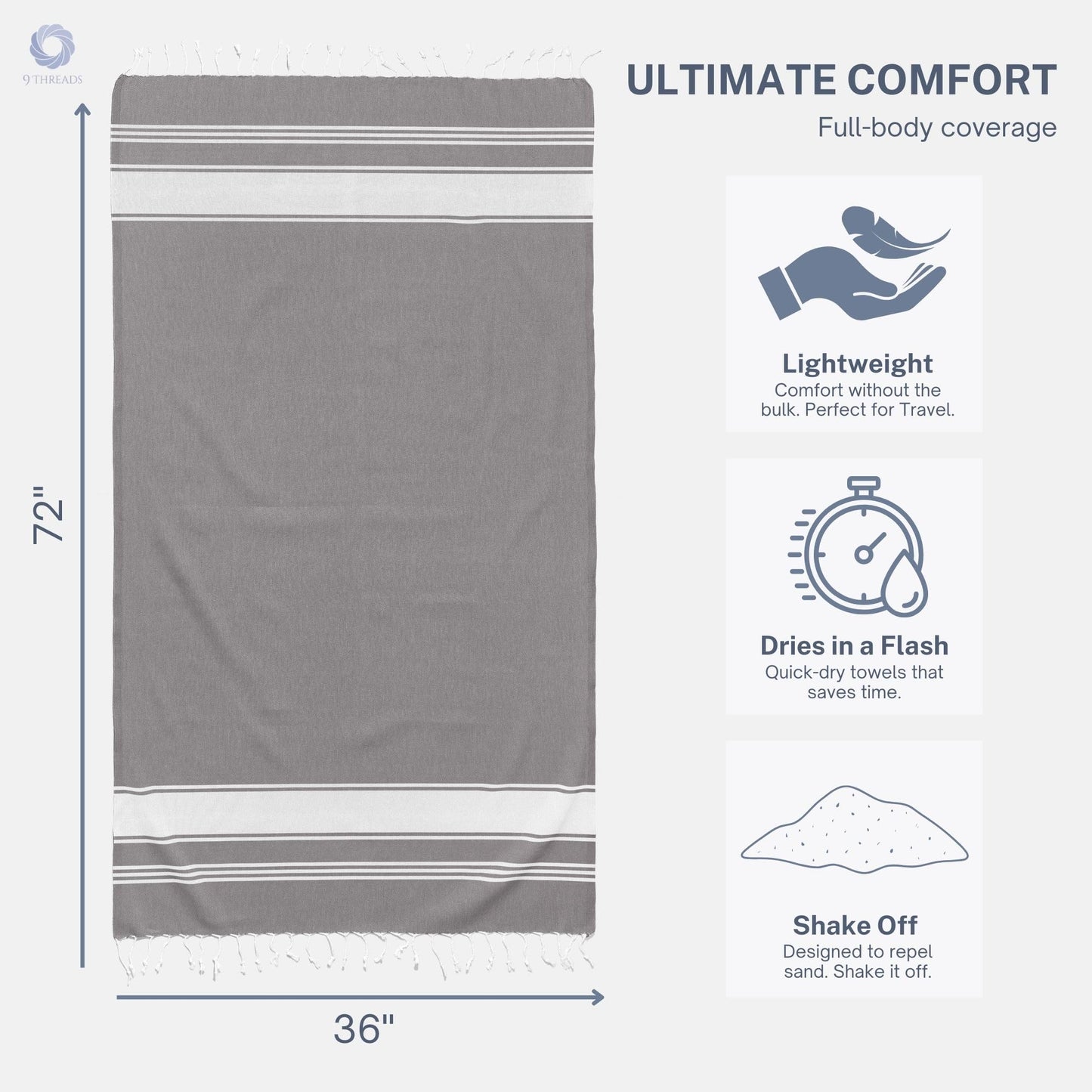9Threads Cotton Turkish Beach Towel with Towels Oversized 36"x72" Pool Absorbent Extra Large Quick Dry Sand Travel Towel (Grey, 2 Pack)