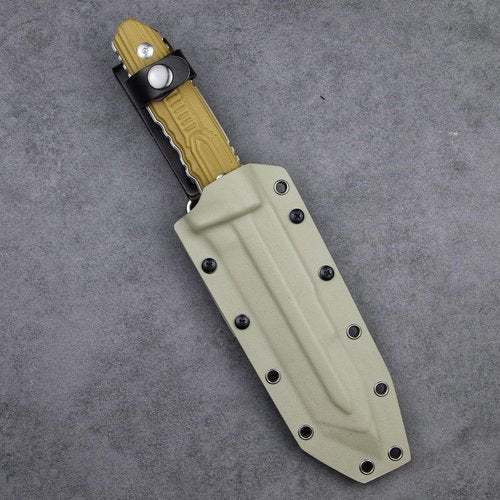 LENGREN Tactical Fixed Blade Knife, 11.8 inch, Full Tang Tanto Blade with G10 Handle and Kydex Sheath (Khaki handle white blade)