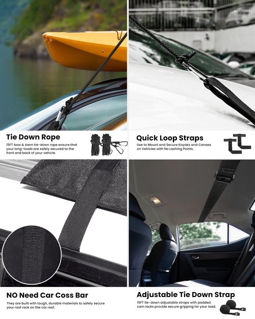 OutdoorMaster Universal Car Soft Roof Rack Pads, Car Rack for Kayak Surfboard SUP Canoe Include 4 Heavy Duty Tie Down Straps, 4 Tie Down Rope, 4 Quick Loop Strap and Storage Bag