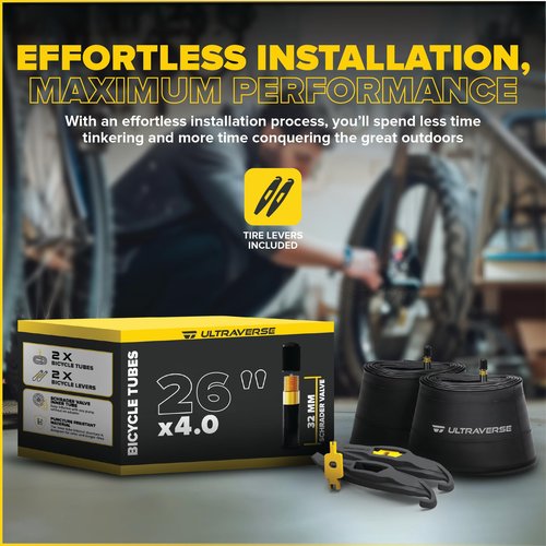 Ultraverse 26 x 4.0 Inner Tube Set with Schrader Valve - Ideal for Mountain Bikes & E-Bikes with 26-Inch Fat Tires - Durable & Reliable Performance- 2 Pack with tyre levers
