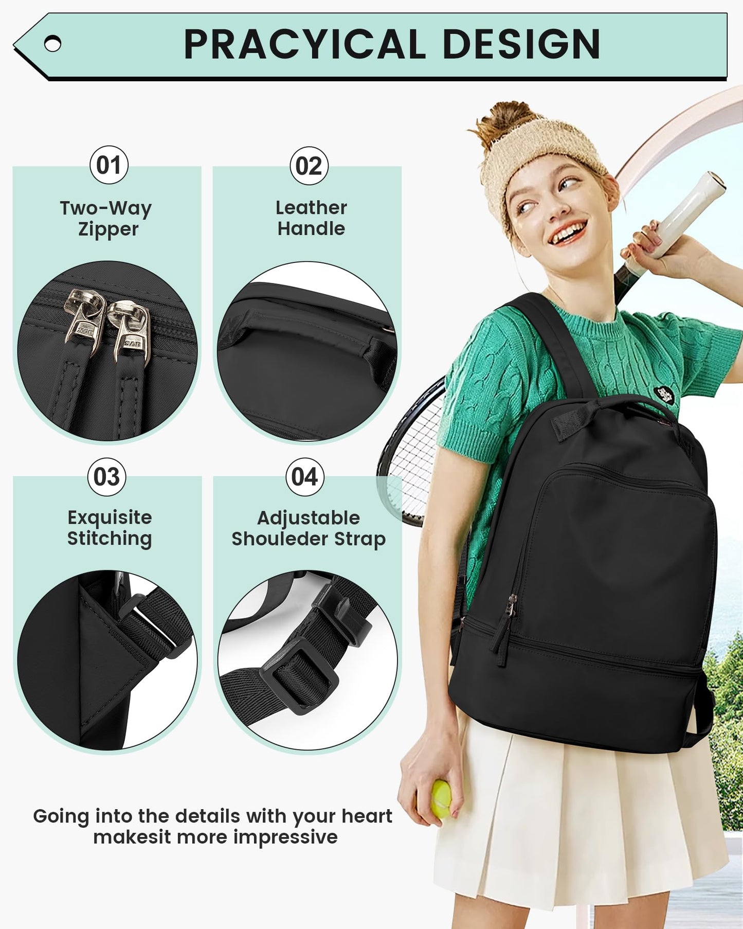 VENATIN Gym Backpack for Women, Gym Bag with Shoe Compartment, Water Resistant Lightweight Sports Yoga Travel Backpack with Wet Pocket,Cheer Backpack,Black