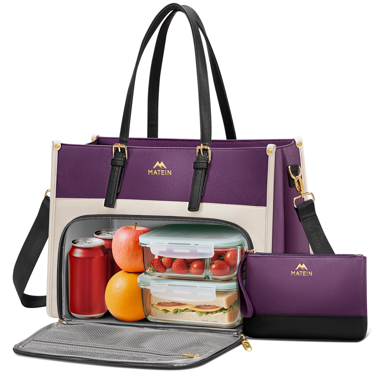 MATEIN Lunch Tote Bag for Women, 15.6 Inch PU Leather Laptop Briefcase with Insulated Lunch Compartment, Large Capacity Professional Computer Work Handbag with Purse for Office Nurse Teacher, 2 Sets
