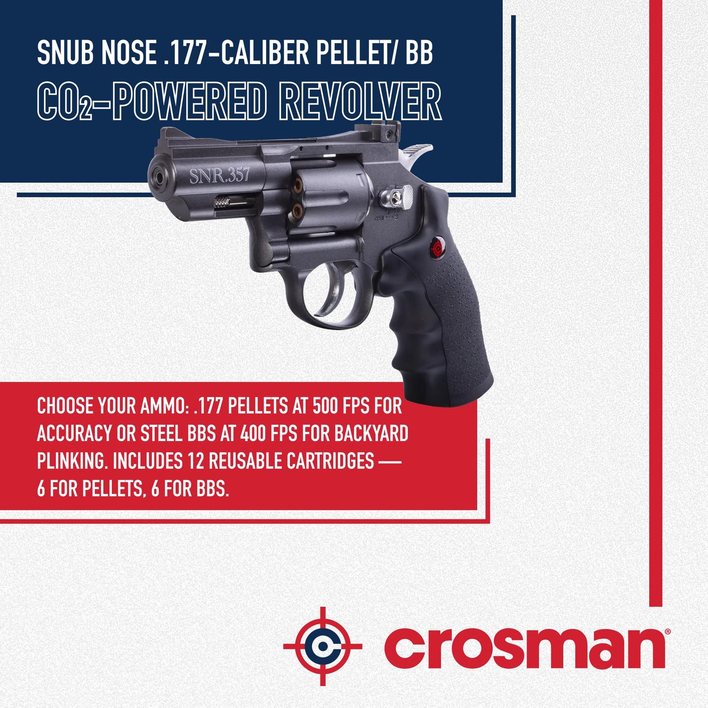 Crosman SNR357 Snub Nose CO2 Revolver for Pellets and BBs - Dual Ammo 6-Shot Swing Out Cylinder, Full Metal Body, Adjustable Sights - Black/Grey