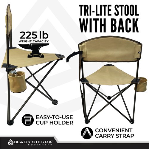 Black Sierra XL Tripod Hunting Stool w/Backrest, Lightweight Portable Fishing Chair w/Cupholder and Carry Strap, Supports 225 Lbs, Portable Outdoor Chair for Hunting, Camping, Travel, Hiking