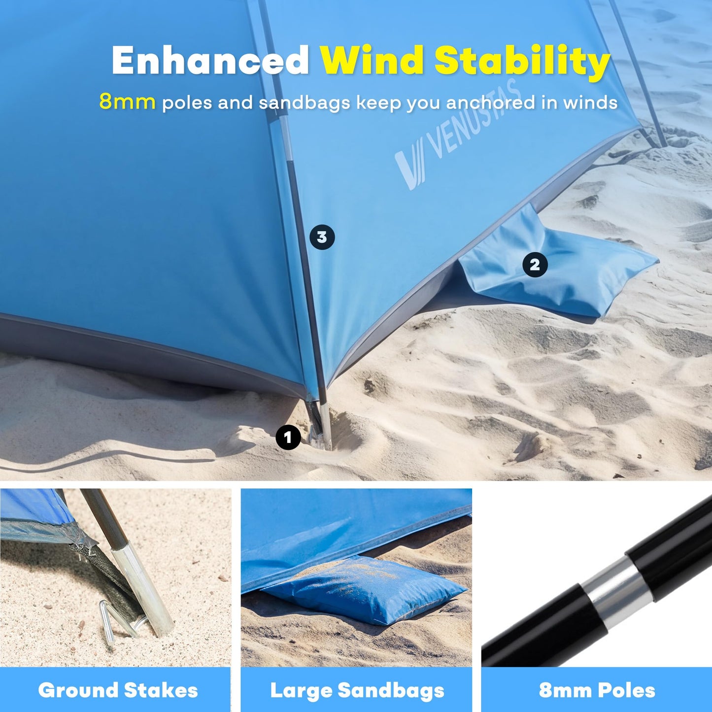 Venustas Beach Tent Sun Shelter for 3/4/6/8 Person, UPF 50+ UV Protection Beach Canopy, Lightweight and Easy Setup Cabana, Portable Shade Tent