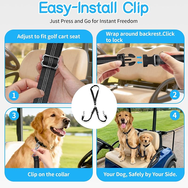 Golf Cart Dog Seat Leash & Safety Harness - Adjustable Tangle-Free Retractable Strap (Double Dog)