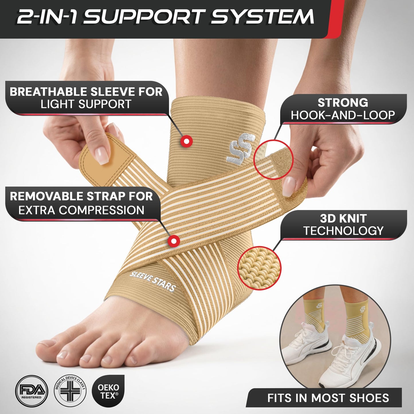 Sleeve Stars Ankle Brace for Women & Men, Ankle Wrap for Sprained Ankle, Compression Sleeve for Plantar Fasciitis Relief, Easy Customizable Support: w/Removable Strap (Single/S:9"-10"/Beige)