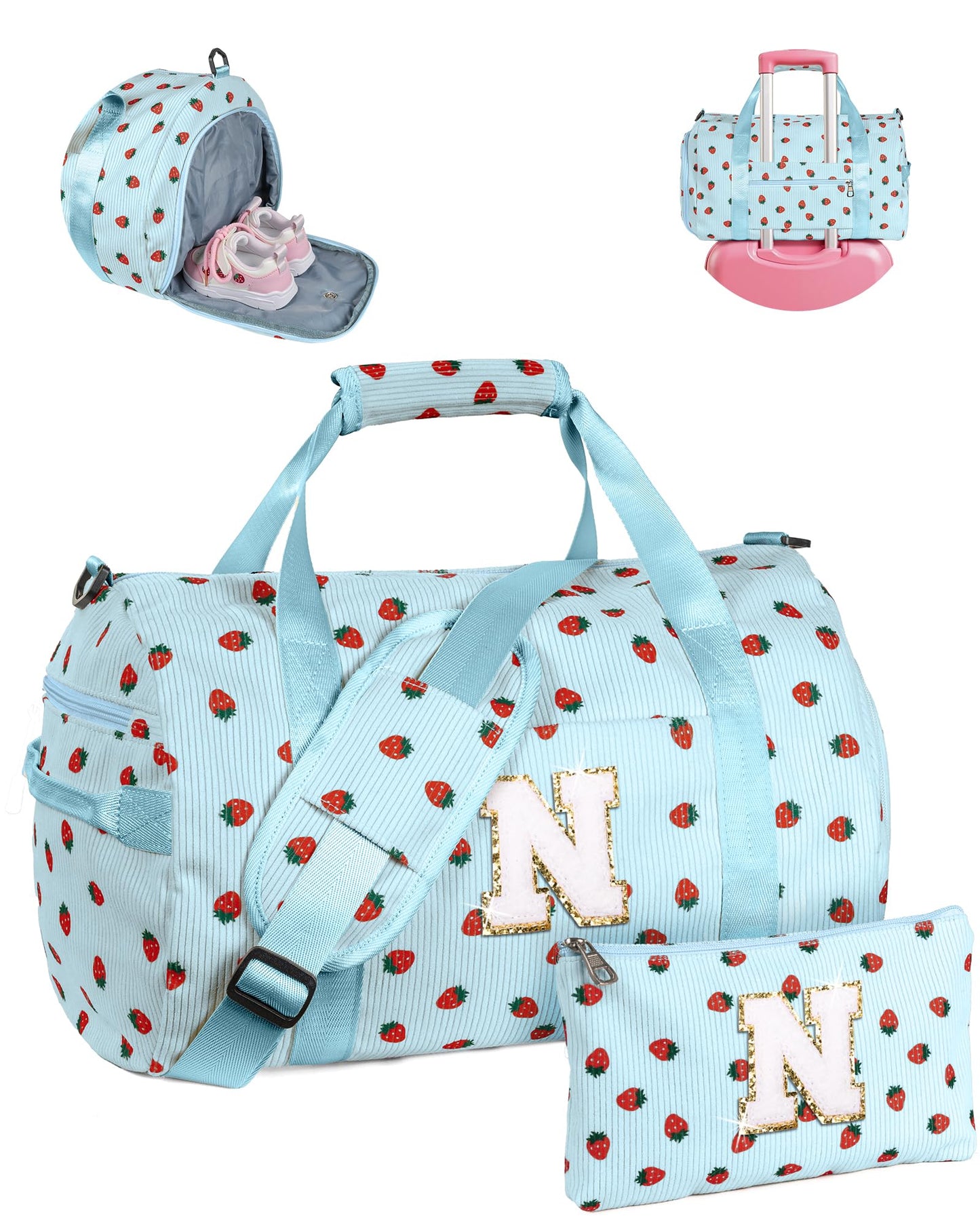 Vogewood Birthday Gift for Teenager, Girls Gym Bag, Kids Personalized Weekend Duffel Bags with Shoe Compartment, Initial Travel Tote with Makeup Bag, Dance Recital Gifts for Toddler (Letter N)
