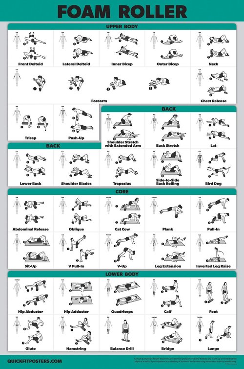 QuickFit Foam Roller Exercise Poster - Stretching and Workout Routine for Foam Roller (Laminated, 18" x 27")