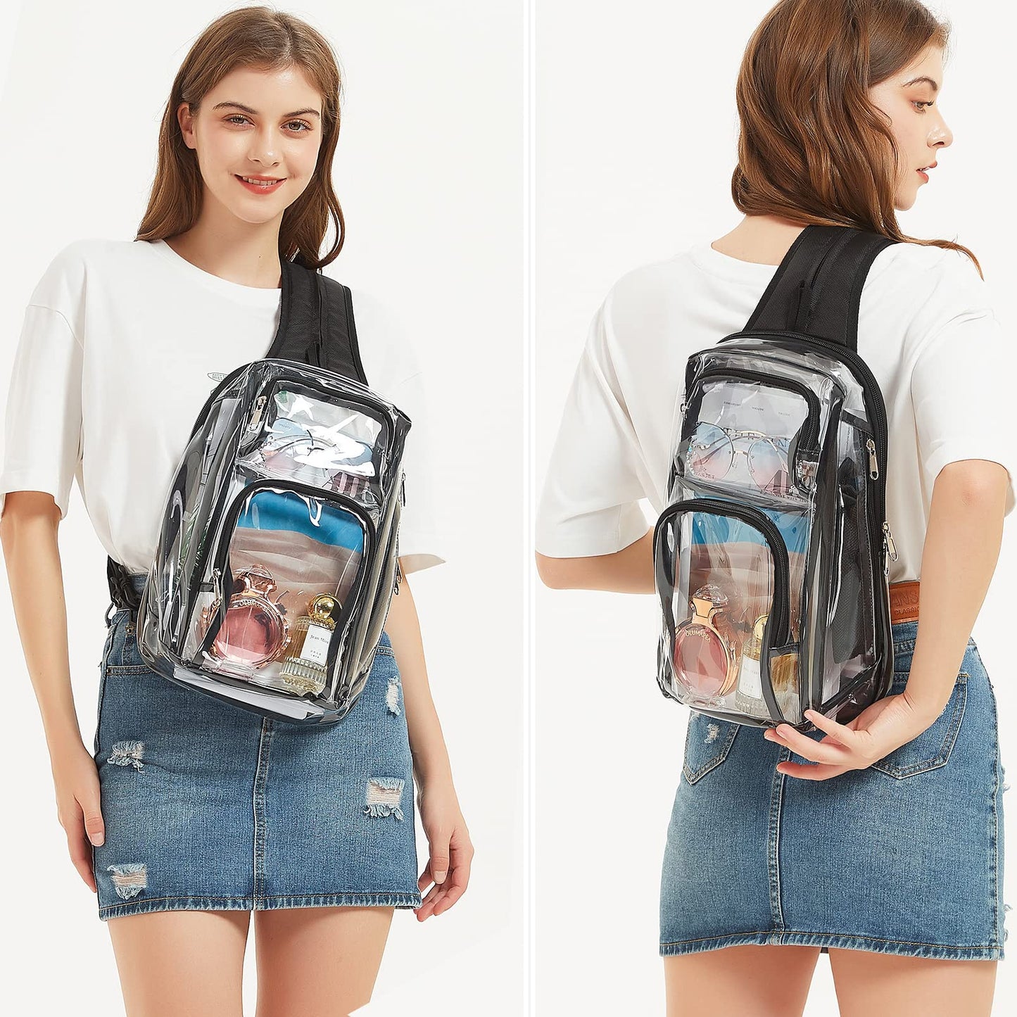 Busiuw Clear Backpack Stadium Approved with Adjustable Reinforced Straps, 3 in 1 Clear Crossbody Bag for Festivals and Games (Plus size)-Black