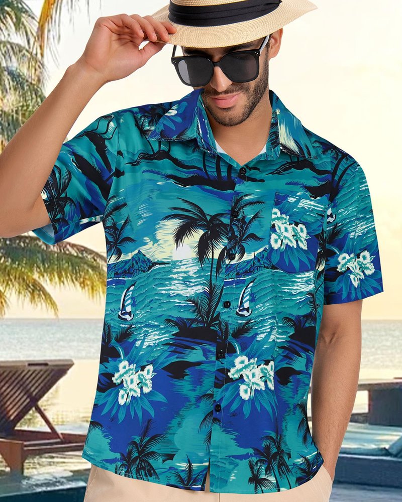 Mens Hawaiian Shirt Short Sleeve Summer Beach Casual Tops Button Down T Shirts with Pocket(Green Palm Tree,XL)