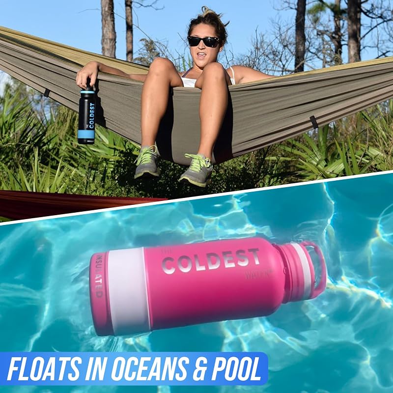 Coldest Insulated Water Bottle with Handle Lid 32oz Matte Black - Leak Proof Triple Wall Stainless