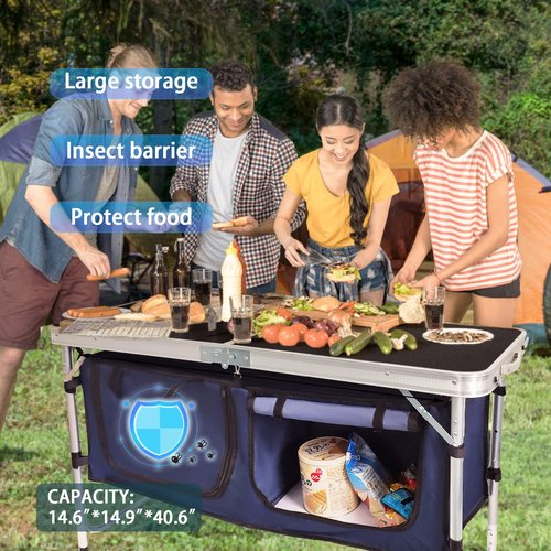 CampLand Outdoor Folding CampingTable with Aluminum Lightweight Height Adjustable with Storage Organizer Picnic Table for BBQ, Party, Camping (Black)