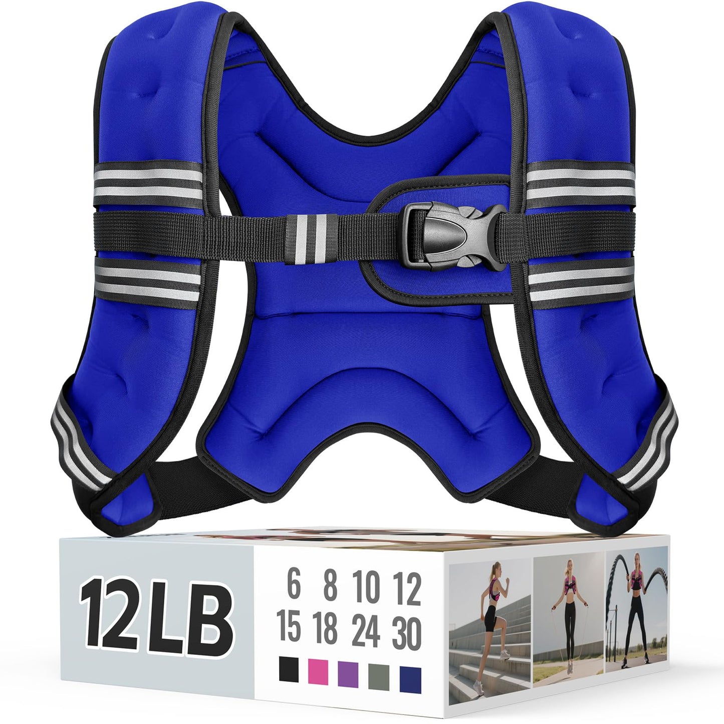 Zeerun Weighted Vest, 6lb/8lb/10lb/12lb/15lb/18lb/20lb/24lb/30lb for Men Women, Reflective Stripe Adjustable Buckle, Comfortable Durable Rucking Vest for Walking Running Strength Training, 12LBS-Blue