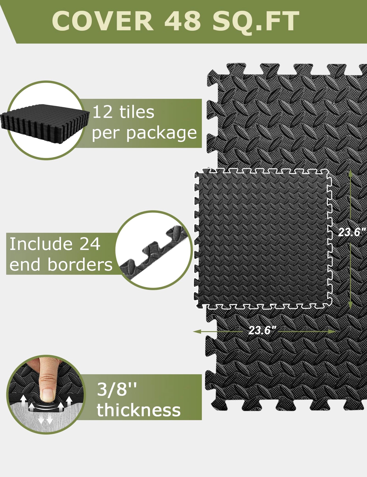 innhom Gym Flooring Gym Mats Exercise Mat for Floor Workout Mat Foam Floor Tiles for Home Gym Equipment Garage, 12 Black