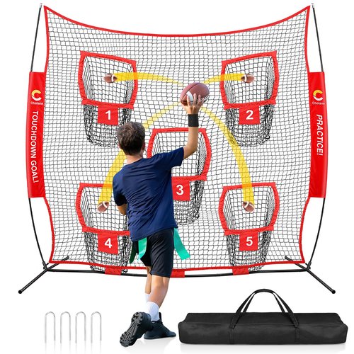 Choiana Football Net, 8 x 8ft Football Throwing Target Net Trainer w/ 5 Pockets, Practice Net Quarterback Training Equipment for Throw Accuracy Improving w/Carry Bag, Ground Stake for Backyard Kids