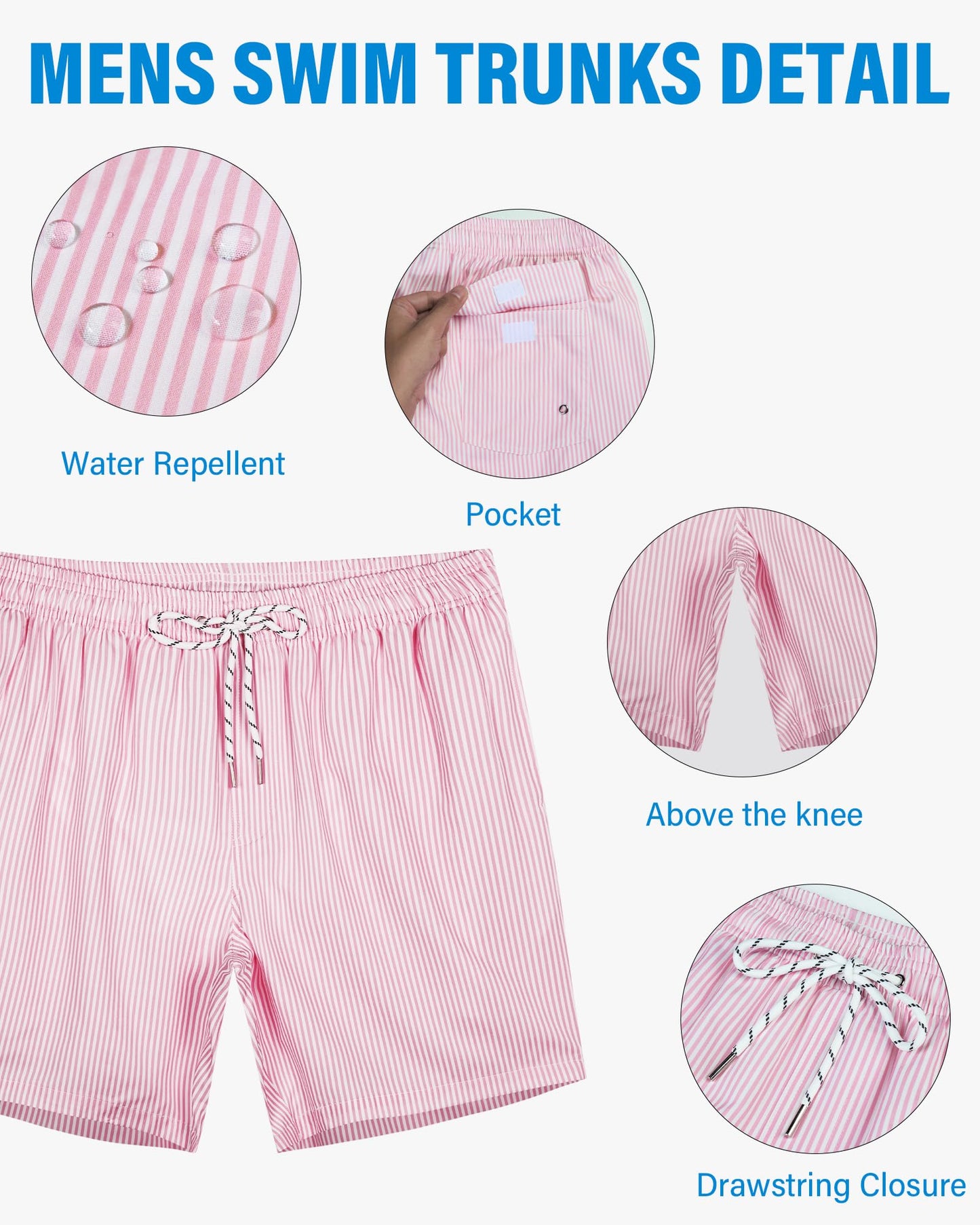 Gleeease Mens Beach Shorts Men's Bathing Suits with Mesh Liner Pockets Drawstring Quick Dry Stretch Lined Funny Beach Swimming Pool Surf Pink Striped Medium Swim Trunks