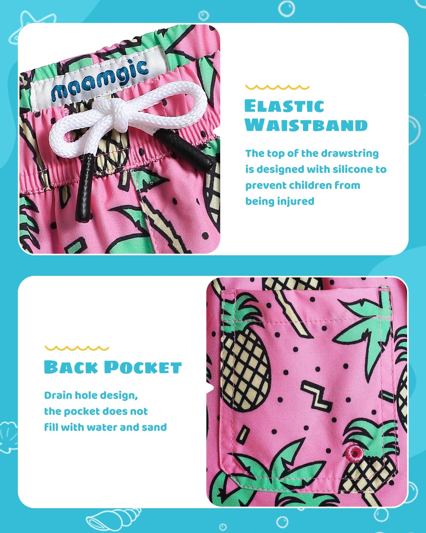 maamgic Boys Swim Trunks with Compression Liner Toddler Stretch Swim Shorts Quick Dry Swimming Trunks Boxer Brief 2 in 1 Beach Shorts Rose Coconut 14/16