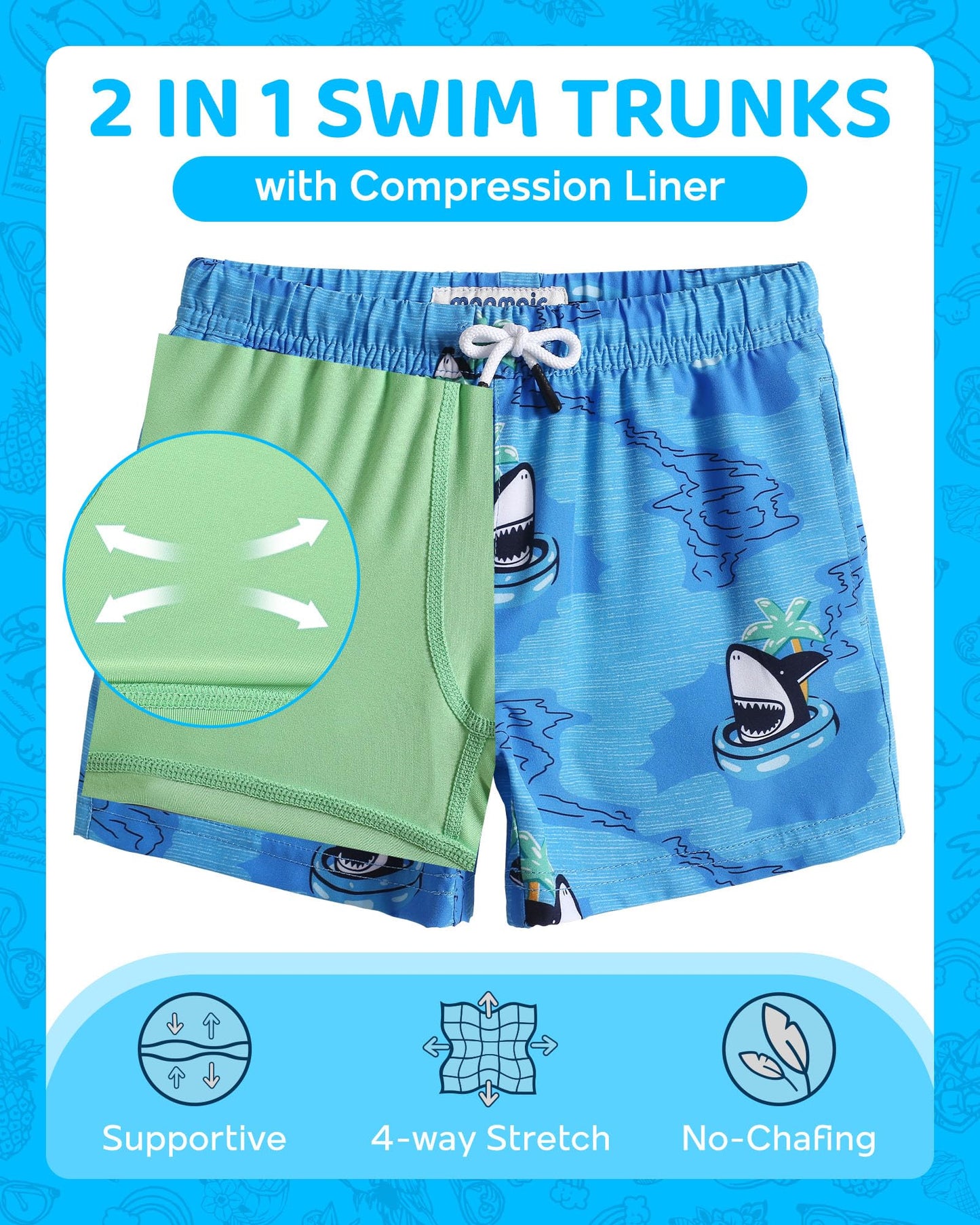maamgic Boys Swim Trunks with Compression Liner Toddler Boy Swimsuit Quick Dry 4-Way Stretch Swimming Trunks Swim Ring Shark Blue 10-12 Years