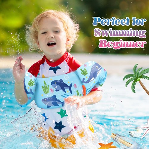 HeySplash Swim Vest for Kids, Toddler Pool Floaties Fit 22-44 Lbs, Children Swimming Vest with Adjustable Strap, Swim Jacket Water Wings Arm, Puddle Sea Beach Boat Jumper Boy Girl Age 1-6, Blue Shark