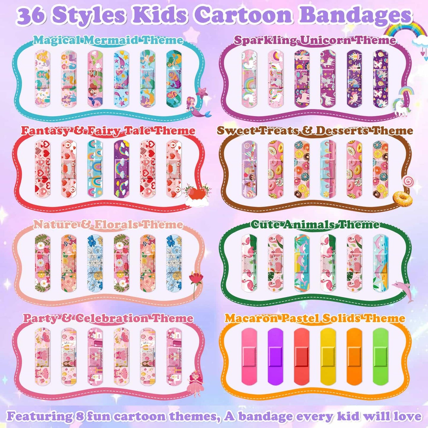 Flasoo 36 Styles Kids Cartoon Bandages 390 Pcs Girls Bandage Mermaid Bandage Pink Princess Bandages to Protect Scrapes and Cuts for Girls, Boys, Children, Toddlers