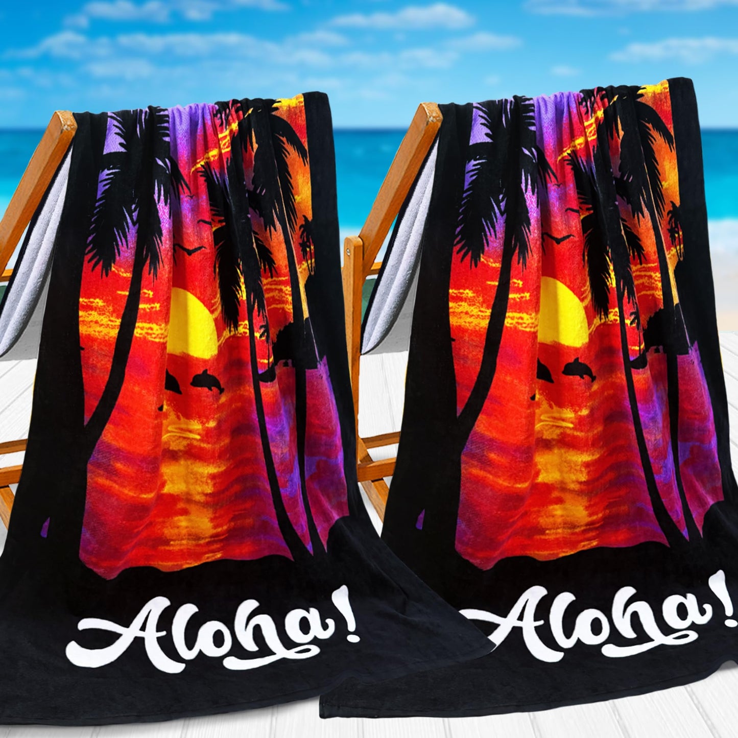 VOOVA & MOVAS Palm Sunset Beach Towels 2 Pack, 33"X65" Cotton Lightweight, Ultra Soft Absorbent Terry Towels for Adults Teens, Swim Pool Beach Camping Travel Gift