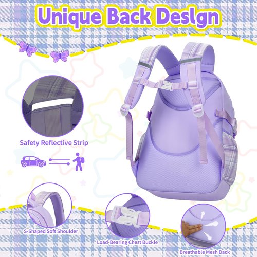 LEWKANA Girls Backpack with Lunch Box Set, 5pc Purple Cute Kawaii Bookbag for Teens, Aesthetic School Backpack for Elementary
