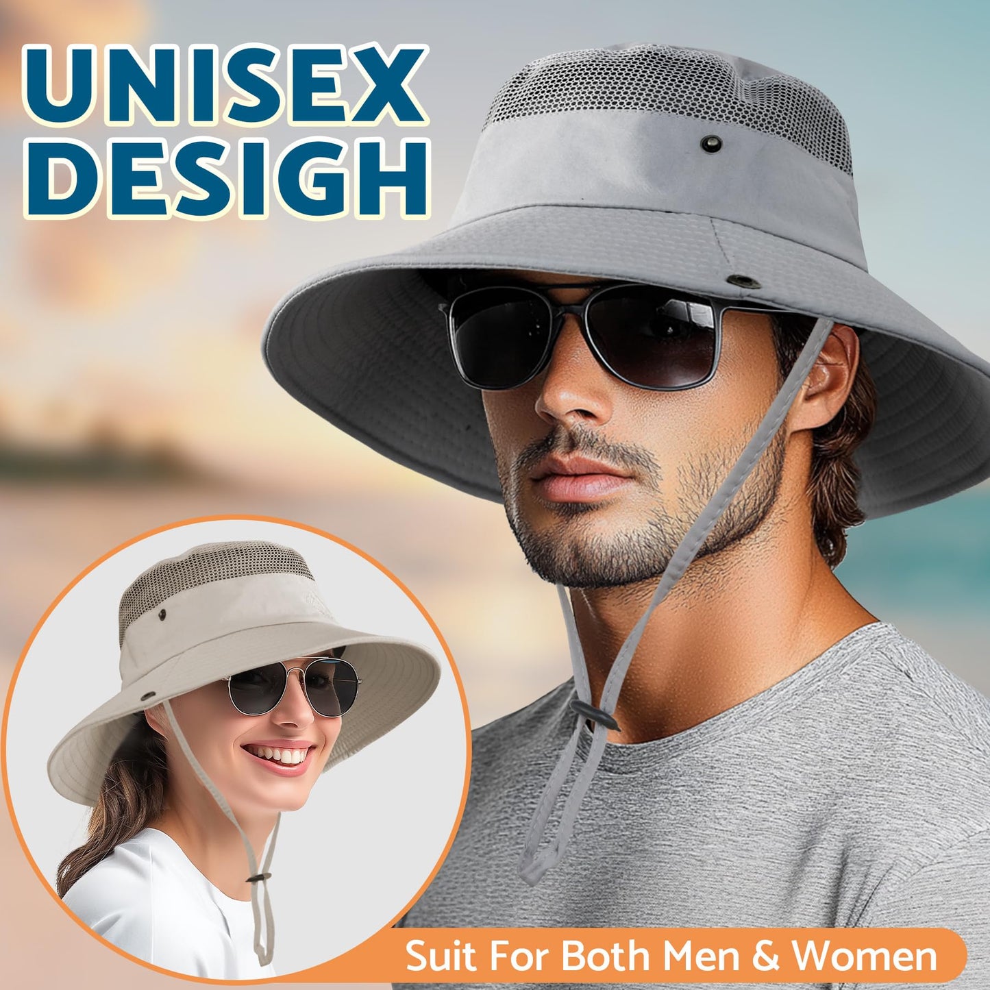 PFFY Sun Hats for Men Women Wide Brim Bucket Hat UPF 50+ Outdoor Beach Hiking Fishing Hat Darkgray (with Top Mesh)