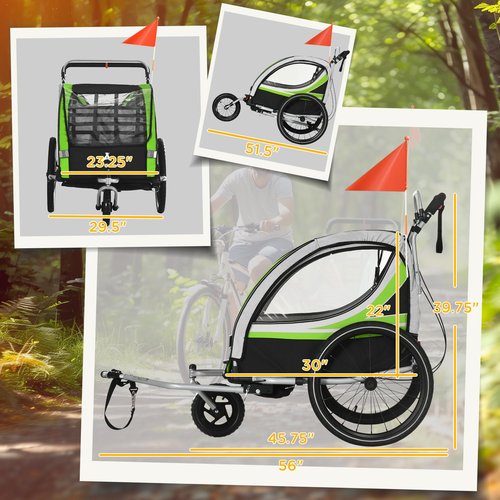 Aosom 3-in-1 Walk/Jog/Ride Child Baby Bike Trailer for Kids 2 Seater, High-Visibility Bike Stroller for Toddler Wagon, Weather-Strong Double Bicycle Trailer Accessory for Kids, Green