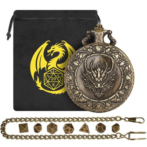 Mini DND Dice Set, with Steampunk Dragon Head Pocket Watch Shell Case, 7-Piece Polyhedral Metal D&D Dice, DND Gift Bag with Dragon Logo, RPG, MTG, Role Play Board Game Accessories, Bronze