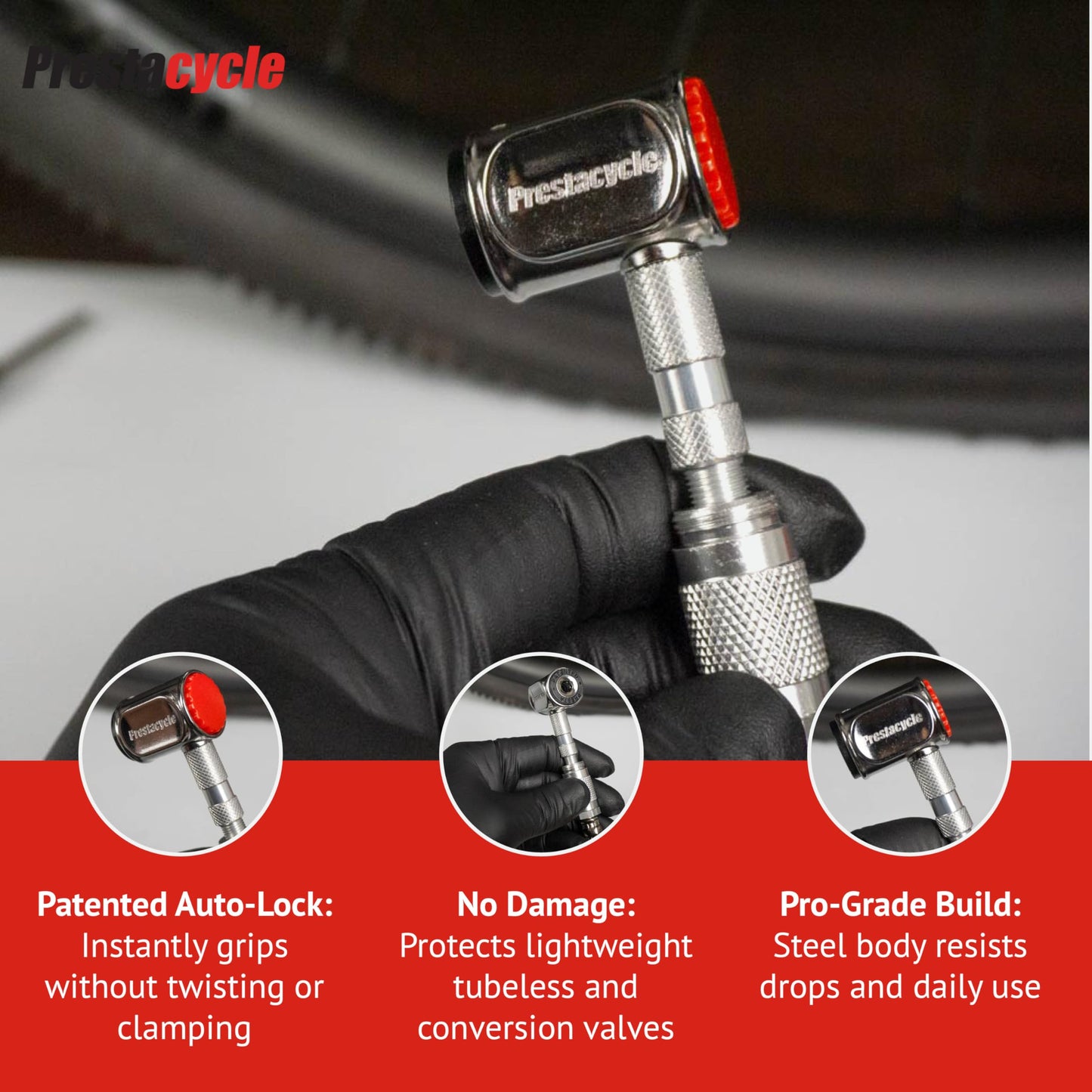 Prestacycle Pro Presta Head – Auto-Lock Bicycle Tire Pump Head for Tubeless & Presta Valves, 90° Steel Design, Presta Valve Pump, Presta Adapter, Compatible with Prestaflator Pro & Premium Floor Pumps