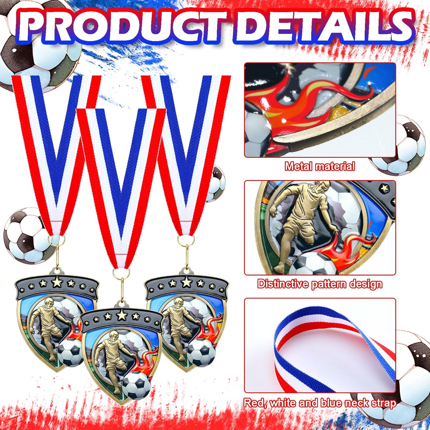 Remuuly 20 Pcs Award Medals Bulk Soccer Football Basketball Tennis Cheer Metal Winner Award Medals 3.35'' Shield Shape with Neck Ribbons Sport Team Participation Prize Gift (Soccer)