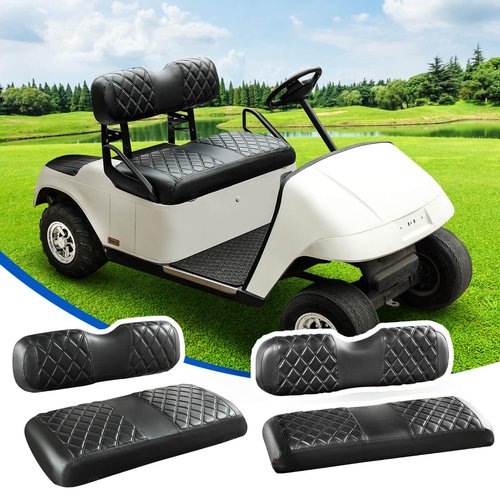 NOKINS 4PCS Golf Cart Diamond Seat Covers Kit, Front&Rear Seat Covers Fits EZGO TXT 1994-2013/EZGO RXV Standard Seat Cushion, EZGO Vinyl Seat Cover Accessories, No Staples(Black&Black Stitch)