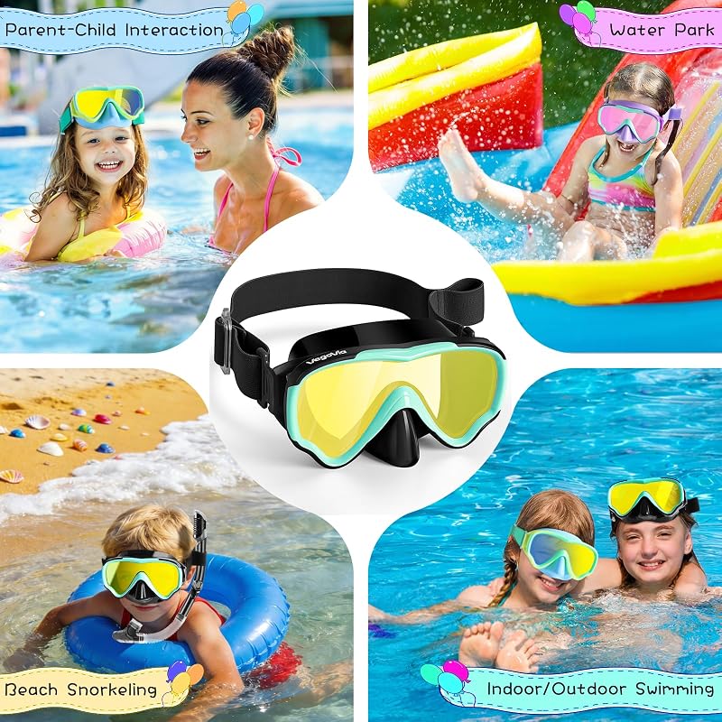 Kids Swim Goggles with Nose Cover - I-Black-Green + Gold Lenses