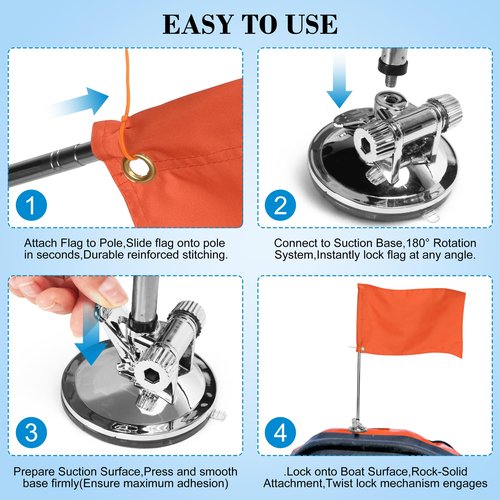Orange Boat Flag Suction Cup, Double Fabric Orange Safety Flag, 11.4” x 19.3” Water Ski Flag with 52" Retractable Boat Pole & Suction Cup. Suitable for Water Skiing, Swimming, Surfing.