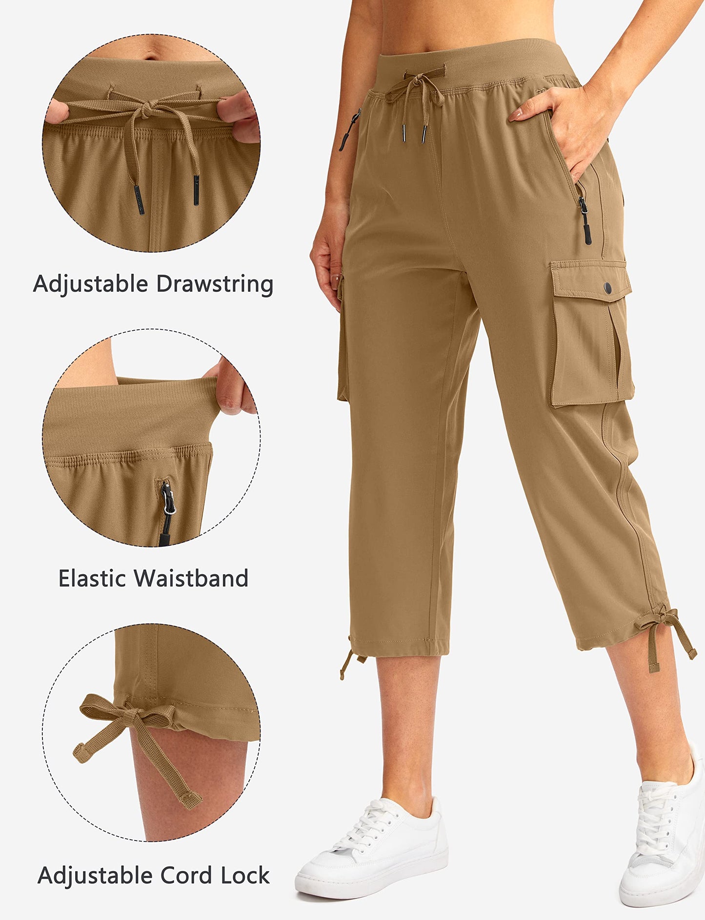 Soothfeel Women's Cargo Capris Pants with 6 Pockets Lightweight Quick Dry Travel Hiking Summer Pants for Women Casual (Dark Khaki, XXL)