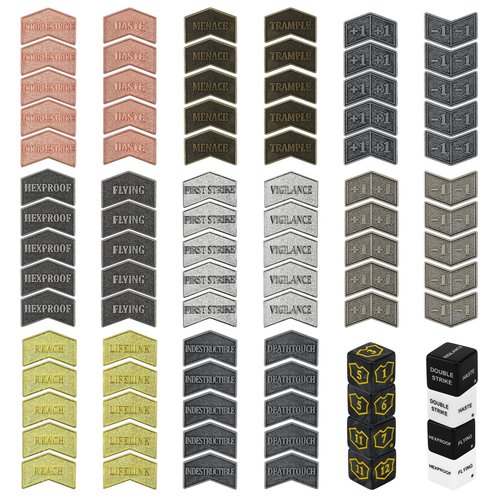 48Pcs MTG Counters/Keyword Counter Tokens & MTG Dice Set for Magic Card, Mix Antique Metal Buff Counter Tokens Creature Stats or Loyalty Counters for TCG Card Gaming Accessories