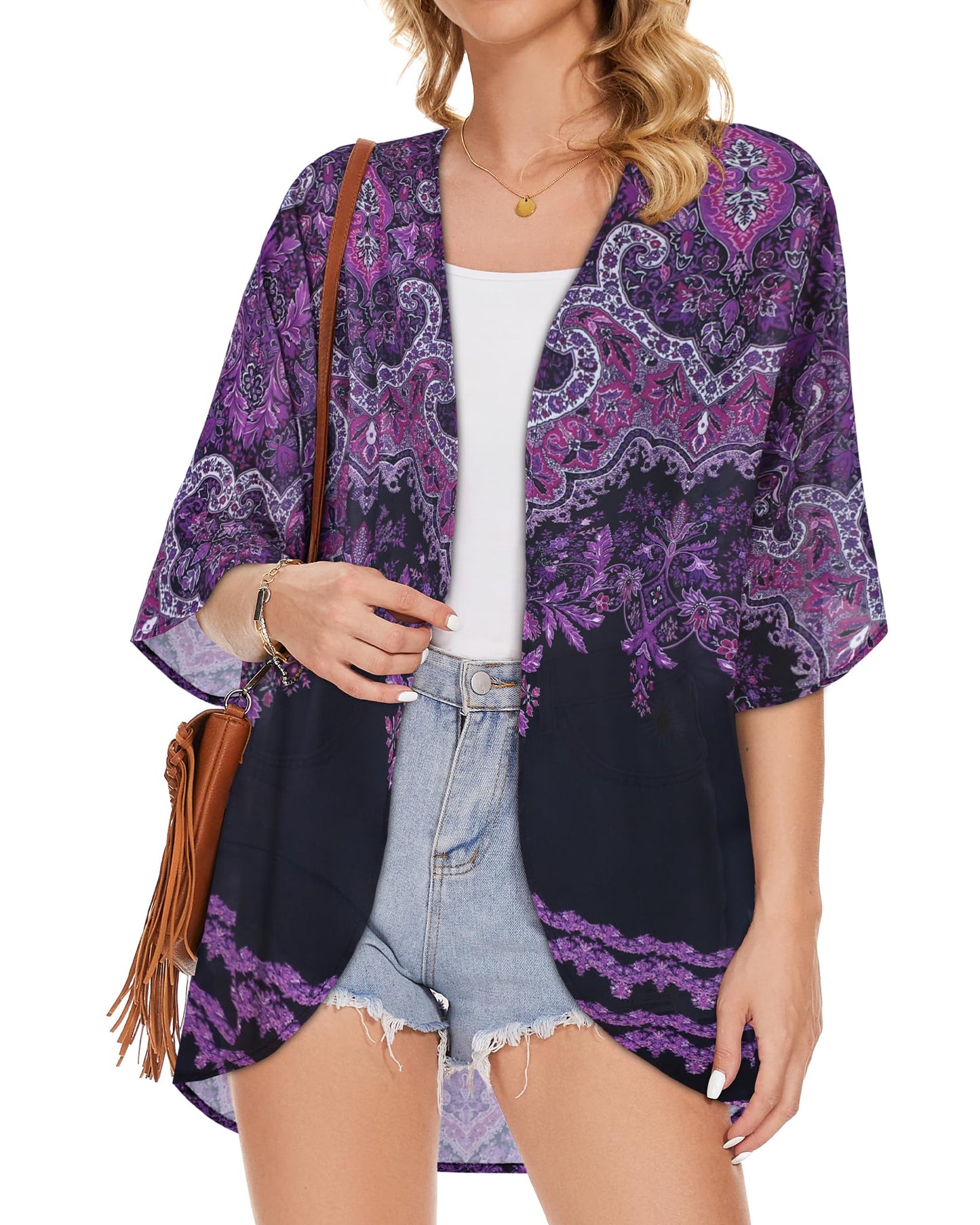 Women's Floral Kimono Print Puff Sleeve Loose Cardigan Cover Up Casual Blouse Summer Tops (Black Purple Boho, 3XL)