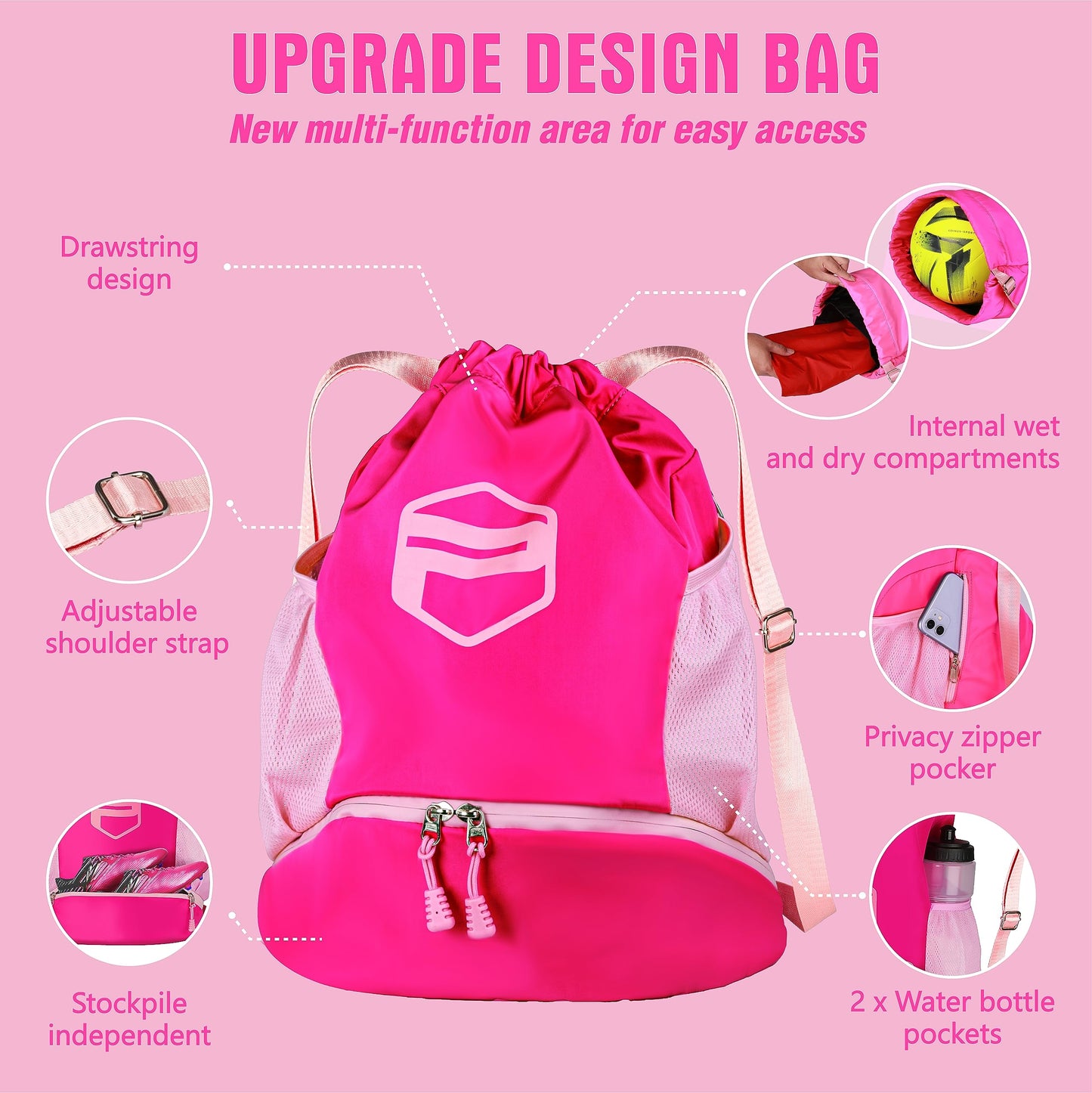 PP PICADOR Soccer Ball Bags, Drawstring Basketball Backpack for Sport Training with Ball Shoe Dry and Wet Compartments(Pink)