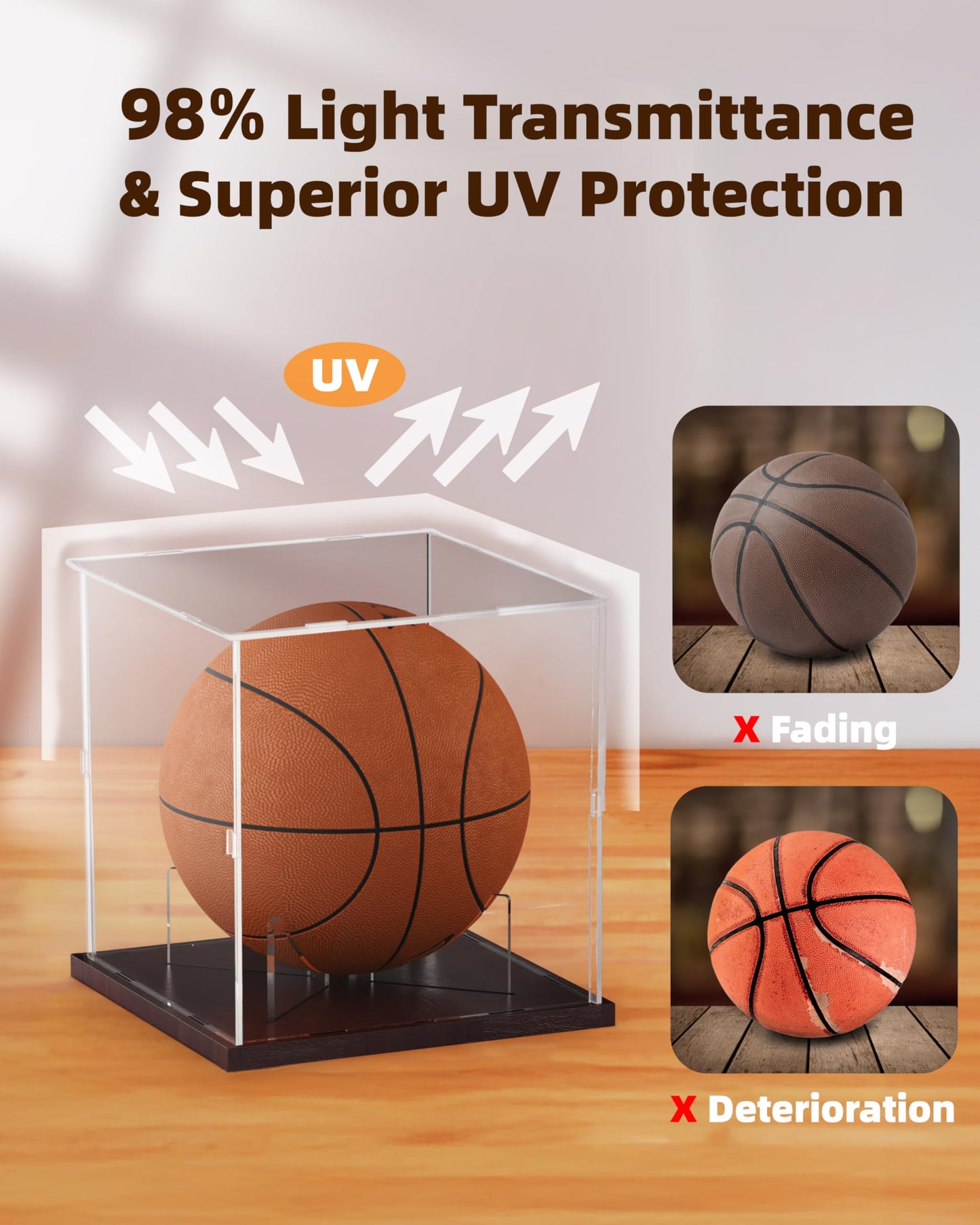 Fitense Full Size Acrylic Basketball Display Case with Solid Wood Base