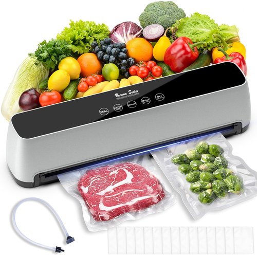 Vacuum Sealer Machine, 5-IN-1 Vacuum Sealer for Food, Powerful Fully Automatic Food Saver with Dry/Moist Mode & LED Smart Touch, Updated Vac & Seal System with 15 Vacuum Seal Bags, 1 Hose
