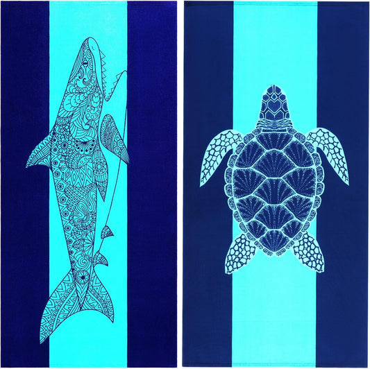 Genovega 2 Packs Oversized Beach Towel Set 36 x 72 in Large Big Pool Camping Swim Clearance Soft Towels Travel Essentials Accessories Must Haves Vacation Necessities Adult Gifts Shark Turtle